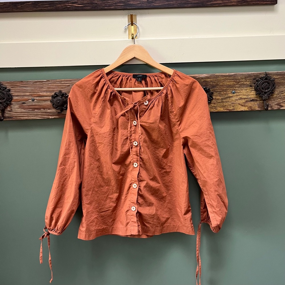 J.Crew Womens Burnt Orange Cotton Poplin Tie Neck Button Front Top BG254 Small